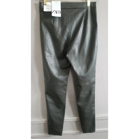 Zara Faux Leather Leggings Women's Medium Green  High Rise Ankle Zip Raw Hem - Picture 6 of 10